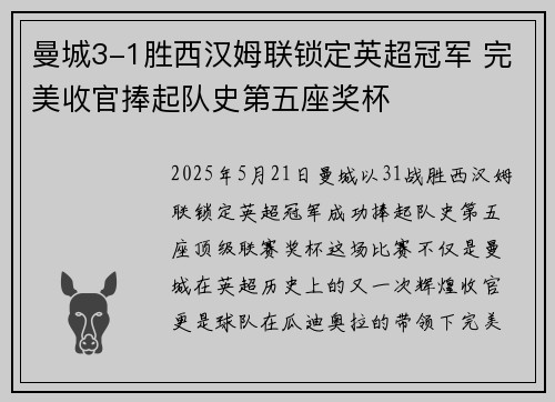 曼城3-1胜西汉姆联锁定英超冠军 完美收官捧起队史第五座奖杯